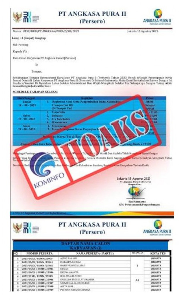 [HOAKS] Surat Panggilan Tes Calon Karyawan Mengatasnamakan PT Angkasa Pura II