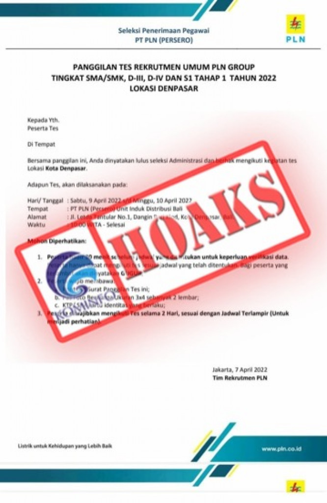 [HOAKS] Surat Panggilan Tes Calon Pegawai PLN Kota Denpasar