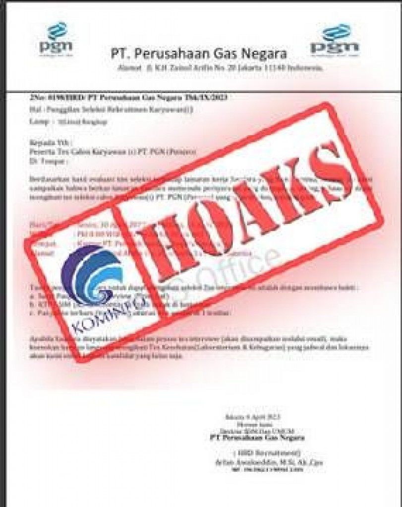 [HOAKS] Surat Pemanggilan Seleksi Calon Karyawan PT PGN Minta Biaya Akomodasi