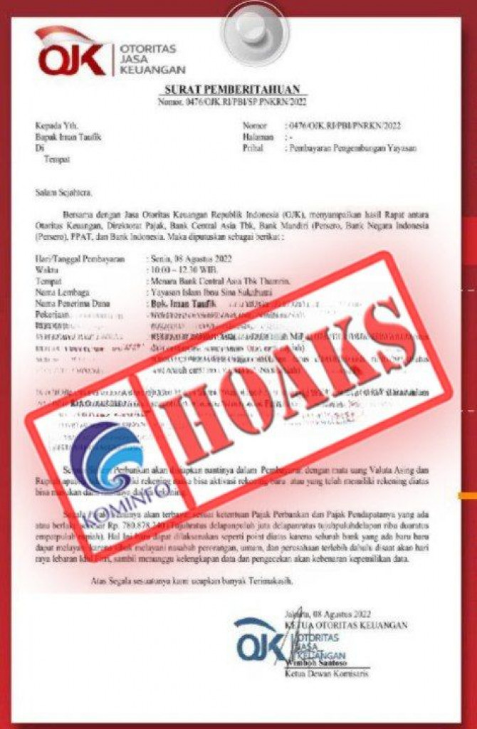 [HOAKS] Surat Pembayaran Pengembangan Yayasan Mengatasnamakan OJK
