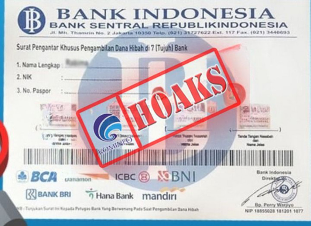 [HOAKS] Surat Pengantar Khusus Pengambilan Dana Hibah Mengatasnamakan Bank Indonesia
