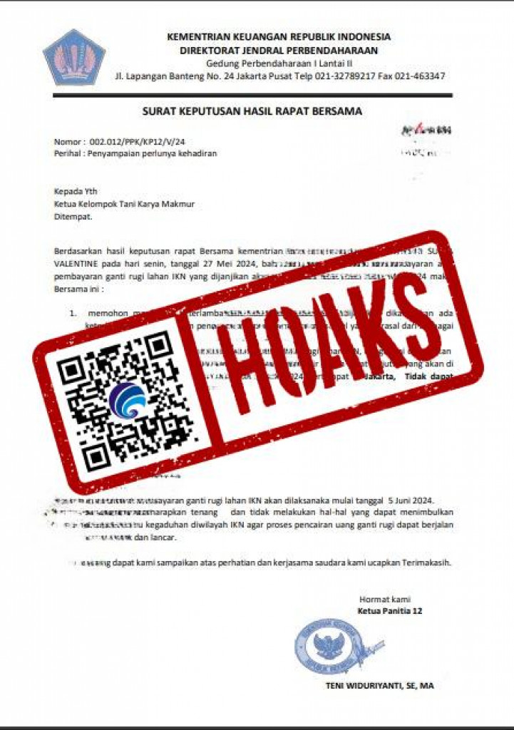 [HOAKS] Surat Penipuan Mengatasnamakan Sesmen PPN/Sestama Bappenas