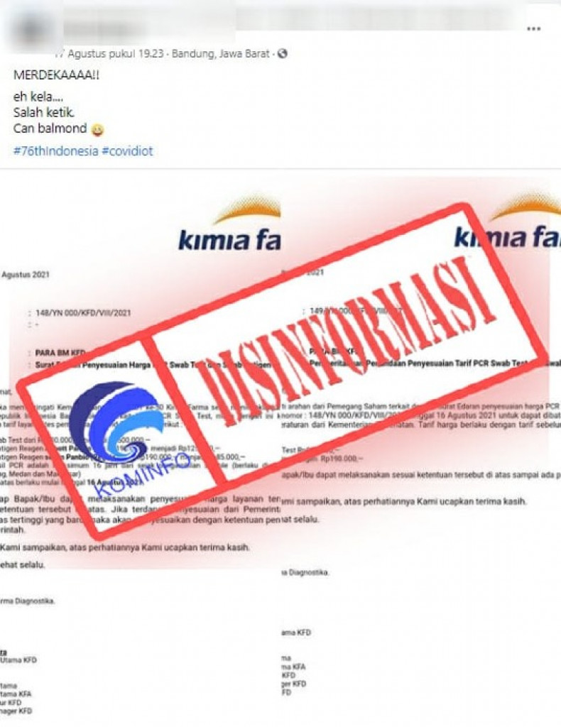 [DISINFORMASI] Surat Penundaan Penyesuaian Tarif PCR Swab dan Swab Antigen oleh Kimia Farma