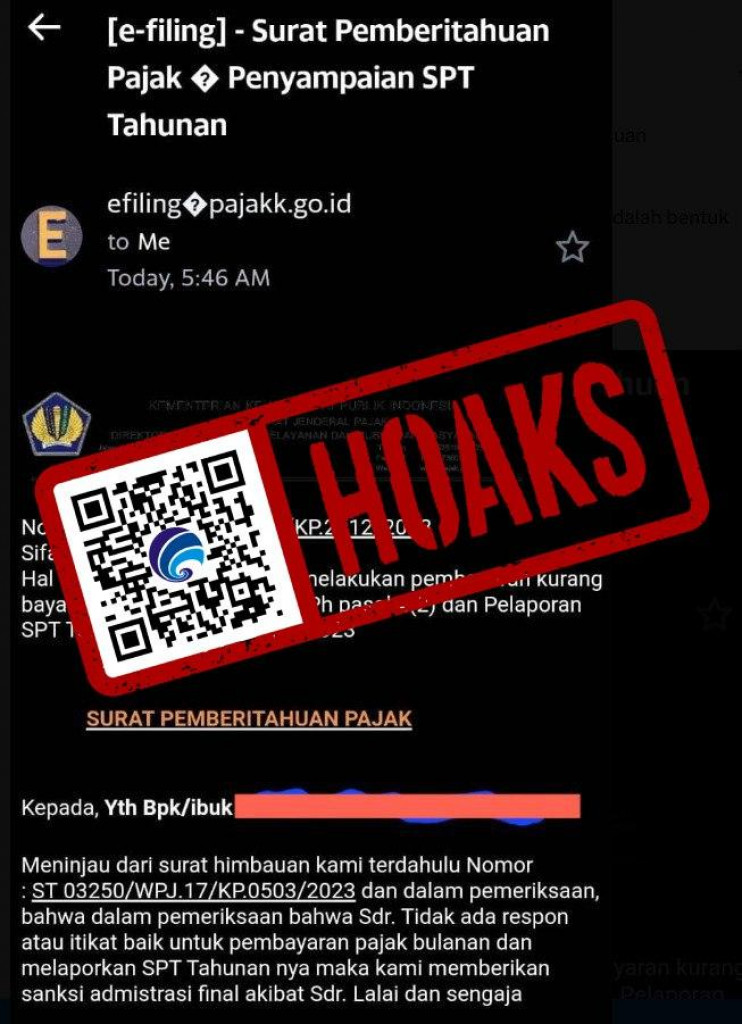 [HOAKS] Surat Peringatan Mengatasnamakan Ditjen Pajak