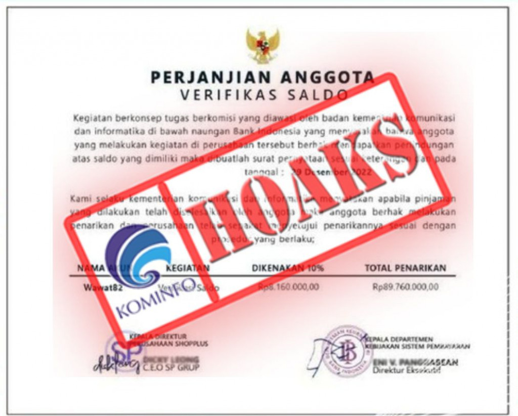 [HOAKS] Surat Perjanjian Verifikasi Saldo Mengatasnamakan Bank Indonesia