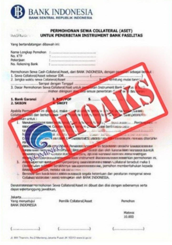 [HOAKS] Surat Permohonan Sewa Cash Collateral Mengatasnamakan Bank Indonesia