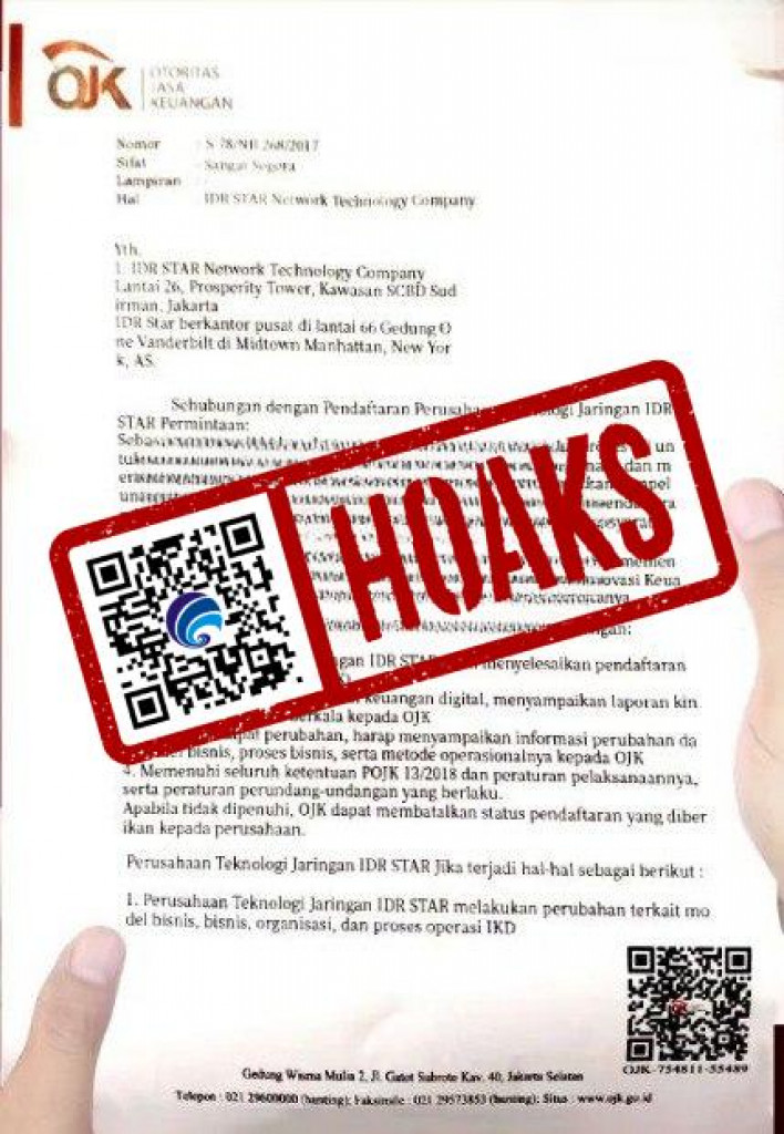 [HOAKS] Surat Tanda Izin Pendaftaran Penyelenggara Inovasi Keuangan Digital Mengatasnamakan OJK
