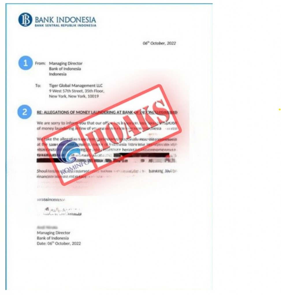 [HOAKS] Surat Tuduhan Pencucian Uang Mengatasnamakan Bank Indonesia