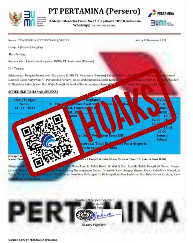 [HOAKS] Surat Undangan Tes Rekrutmen 13-15 November 2023 Mengatasnamakan PT Pertamina (Persero)