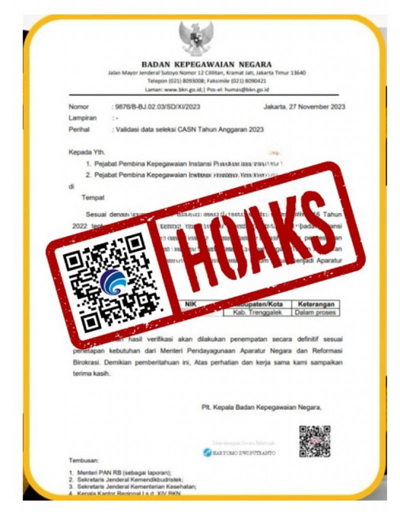 [HOAKS] Surat Validasi Data Seleksi CASN Tahun Anggaran 2023