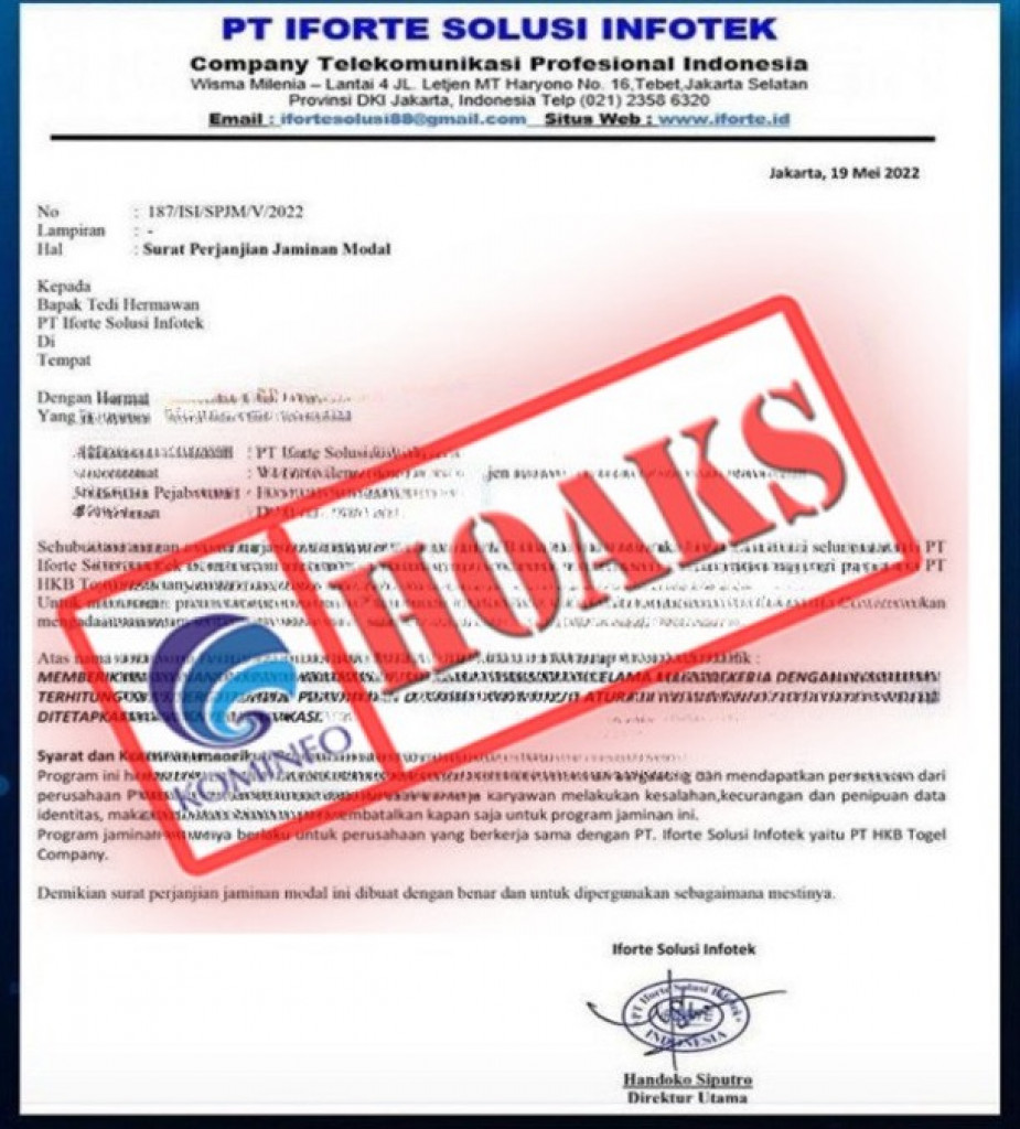 [HOAKS] Surat Perjanjian Jaminan Modal Mengatasnamakan PT iForte Solusi Infotek
