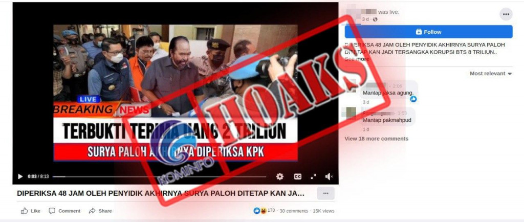 [HOAKS] Surya Paloh Ditetapkan sebagai Tersangka Baru Kasus Dugaan Korupsi BTS 4G