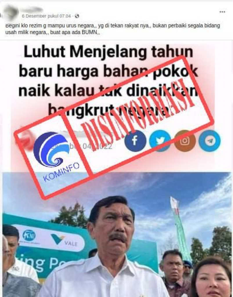 [DISINFORMASI] Tangkapan Layar Artikel “Luhut Menjelang tahun baru harga bahan pokok naik kalau tak dinaikan bangkrut negara”