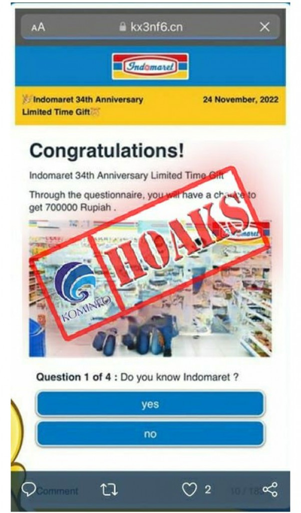 [HOAKS] Tautan Situs Berhadiah Mengatasnamakan Indomaret