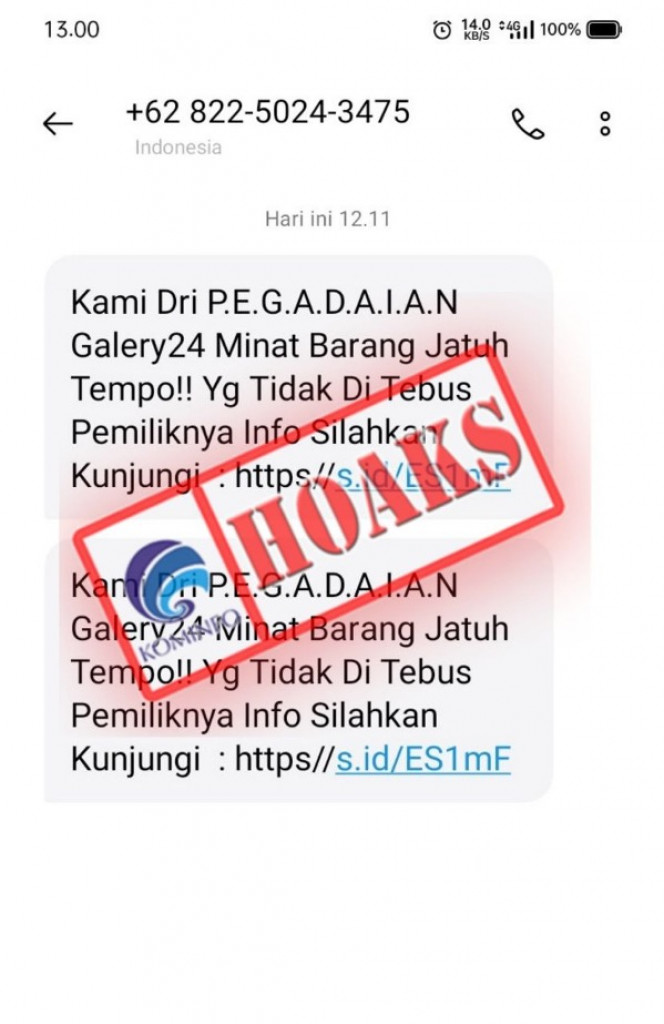 [HOAKS] SMS Menawarkan Barang Jatuh Tempo Mengatasnamakan Pegadaian