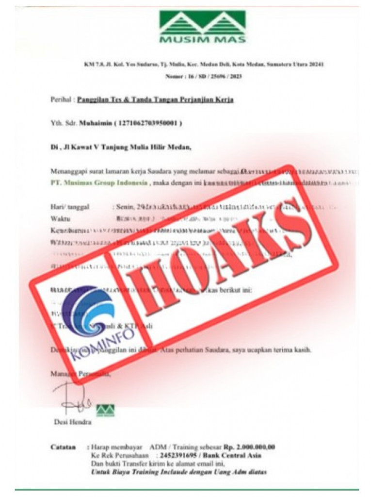 [HOAKS] Surat Pengumuman Panggilan Tes dan Tanda Tangan Kontrak Kerja Mengatasnamakan PT Musim Mas