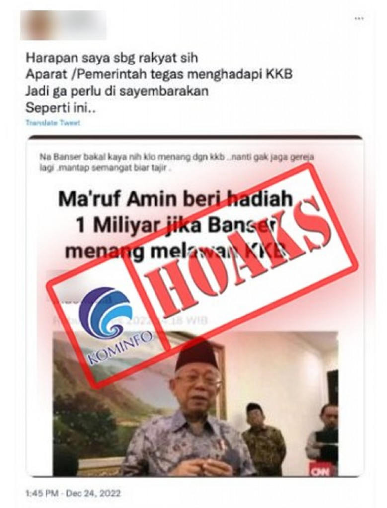 [HOAKS] Wakil Presiden Ma'ruf Amin Beri Rp1 Miliar Jika Banser Menang Lawan KKB