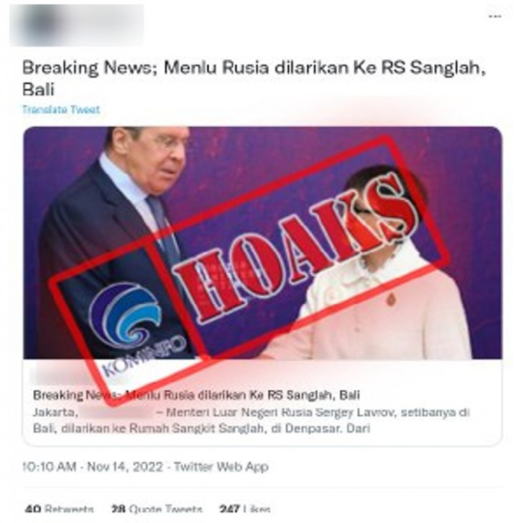 [HOAKS] Menlu Rusia Sergei Lavrov Dilarikan ke RS Sanglah, Bali
