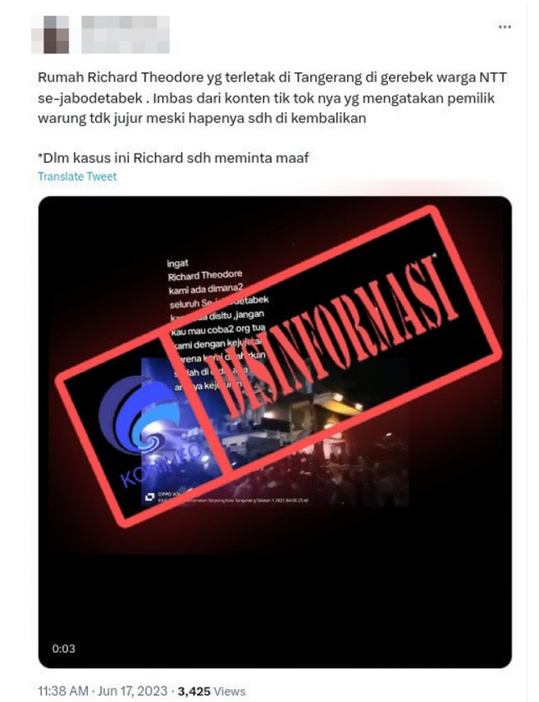 [DISINFORMASI] Rumah Content Creator TikTok Richard Theodore di Tangerang Selatan Dikepung Warga NTT