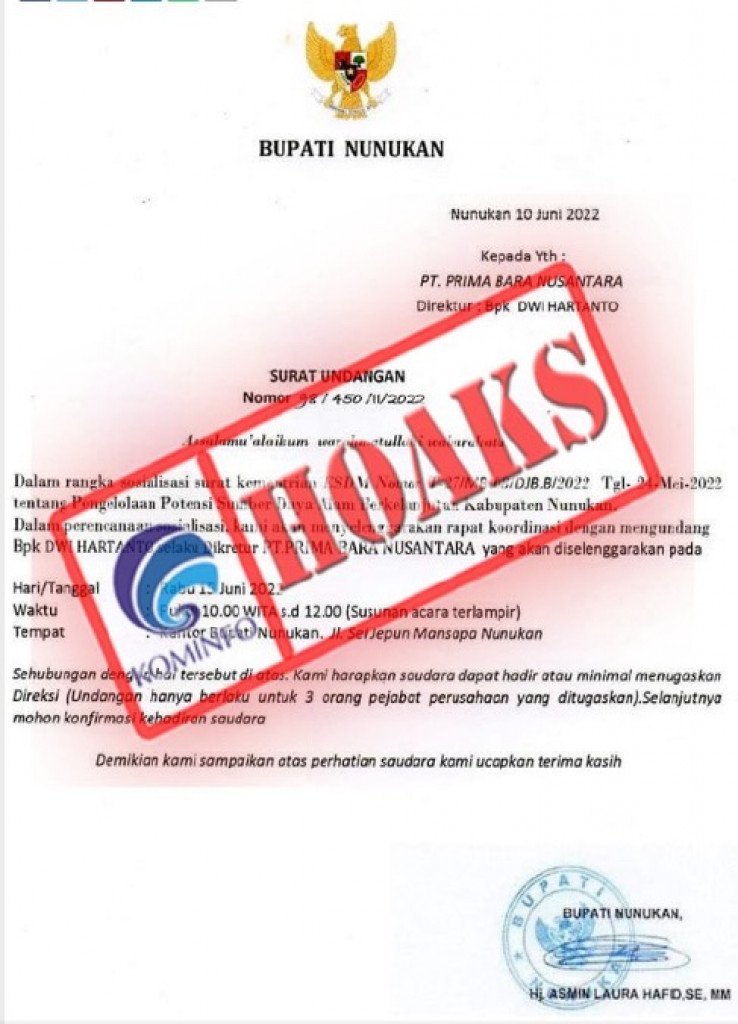 [HOAKS] Surat Undangan Bupati Nunukan kepada PT BPN