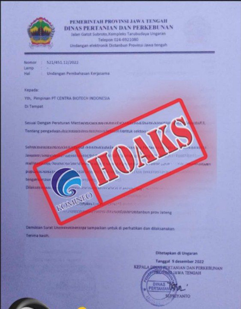 [HOAKS] Undangan Pembahasan Kerja Sama Mengatasnamakan Distanbun Jateng