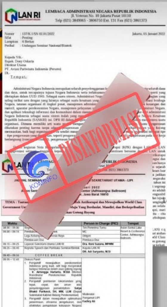 [DISINFORMASI] Surat Undangan Seminar Nasional/Bimtek 2 Februari 2022 Mengatasnamakan LAN RI