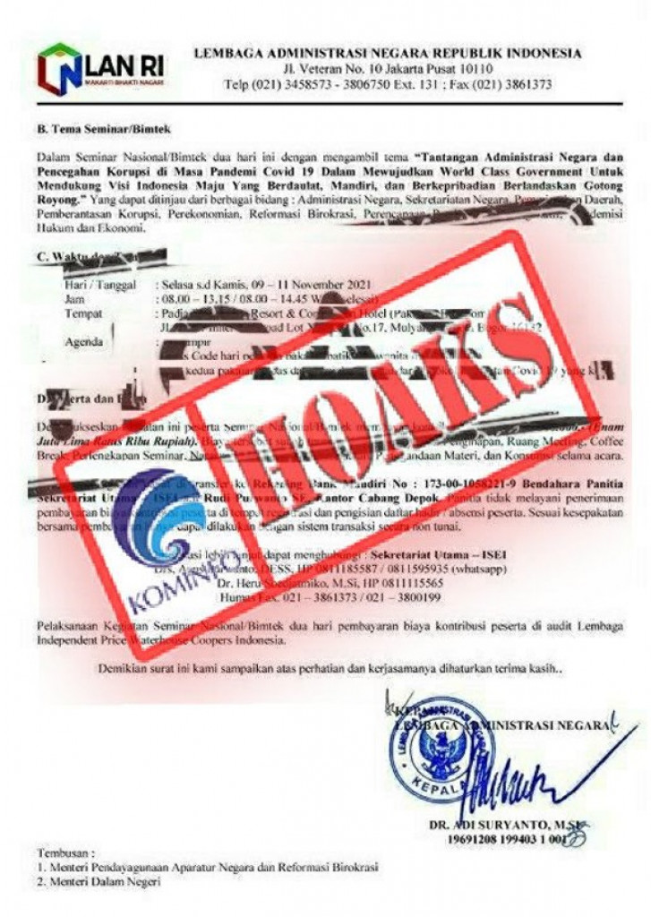 [HOAKS] Undangan Seminar Mengatasnamakan Lembaga Administrasi Negara Republik Indonesia