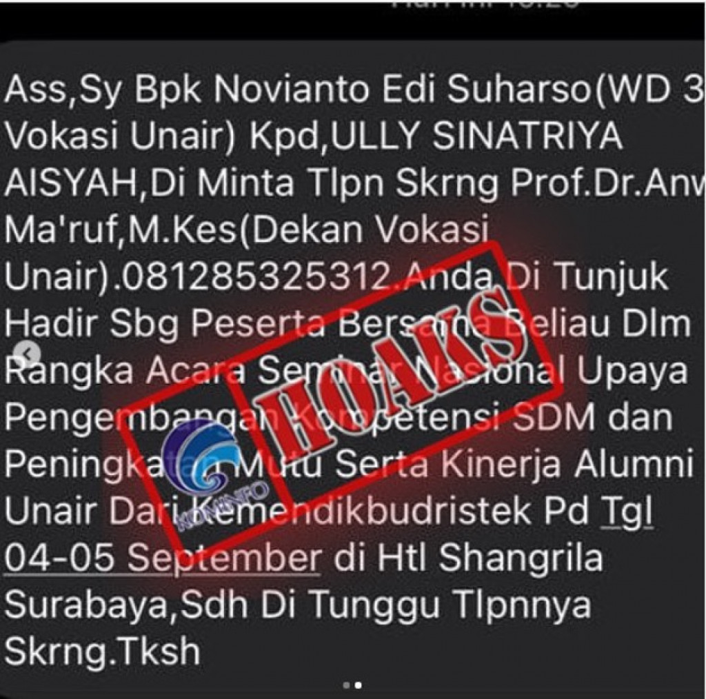 [HOAKS] Undangan Seminar Nasional Peningkatan SDM Fakultas Vokasi Universitas Airlangga dari Kemendikbud Ristek