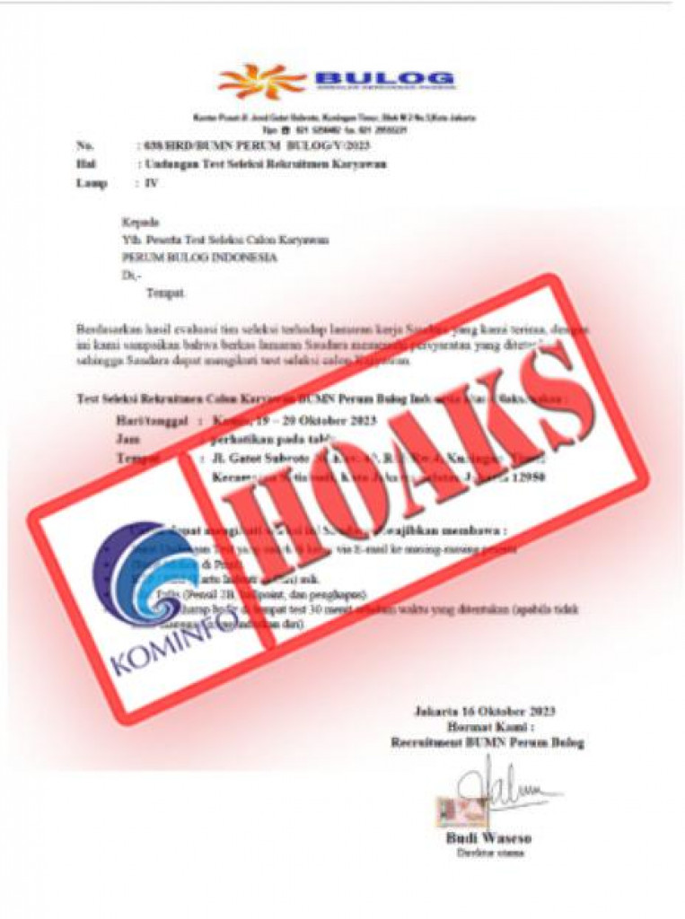 [HOAKS] Undangan Tes Seleksi Rekrutmen Karyawan Mengatasnamakan Perum BULOG