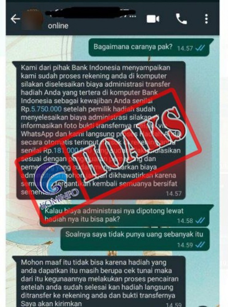 [HOAKS] Informasi Undian Berhadiah Uang Mengatasnamakan Bank Indonesia