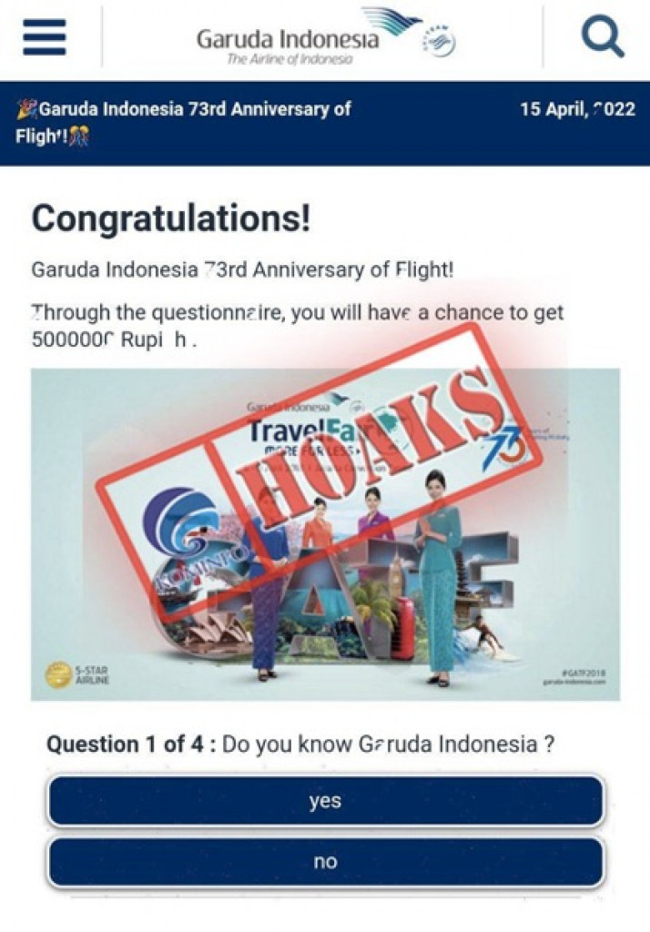 [HOAKS] Undian Berhadiah Perayaan Ulang Tahun ke-75 Garuda Indonesia