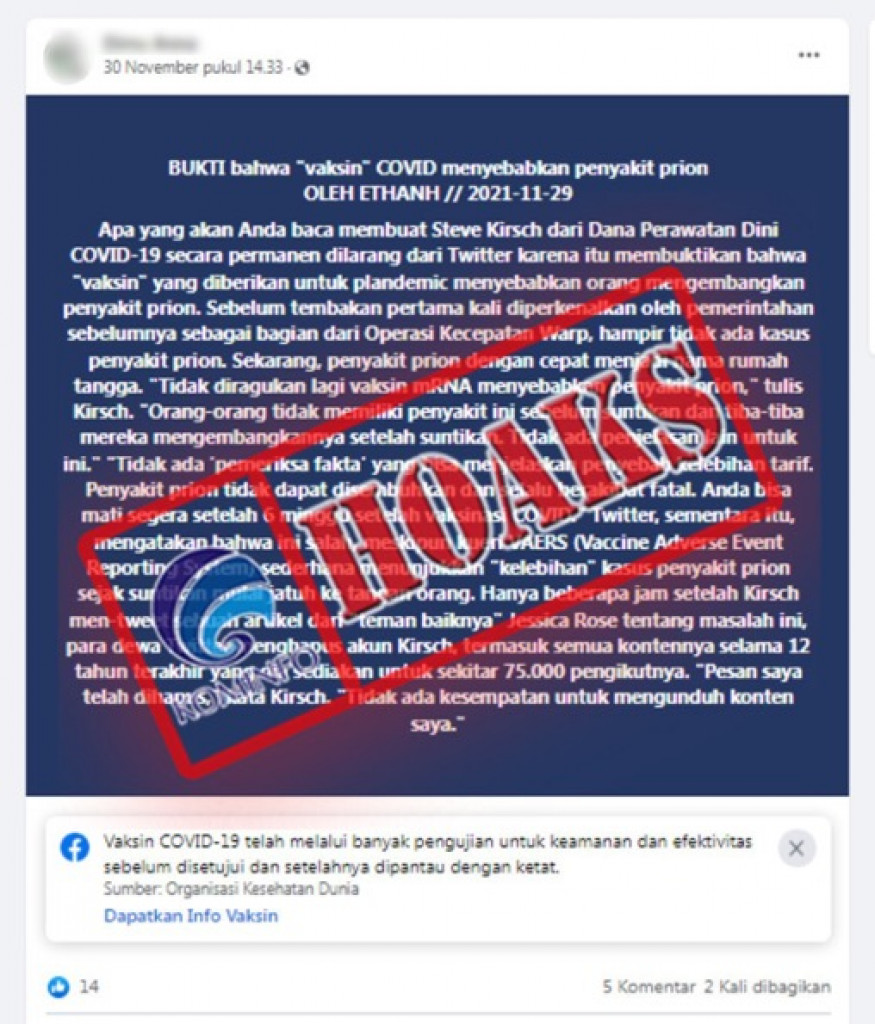 [HOAKS] Vaksin Covid-19 Menyebabkan Penyakit Prion