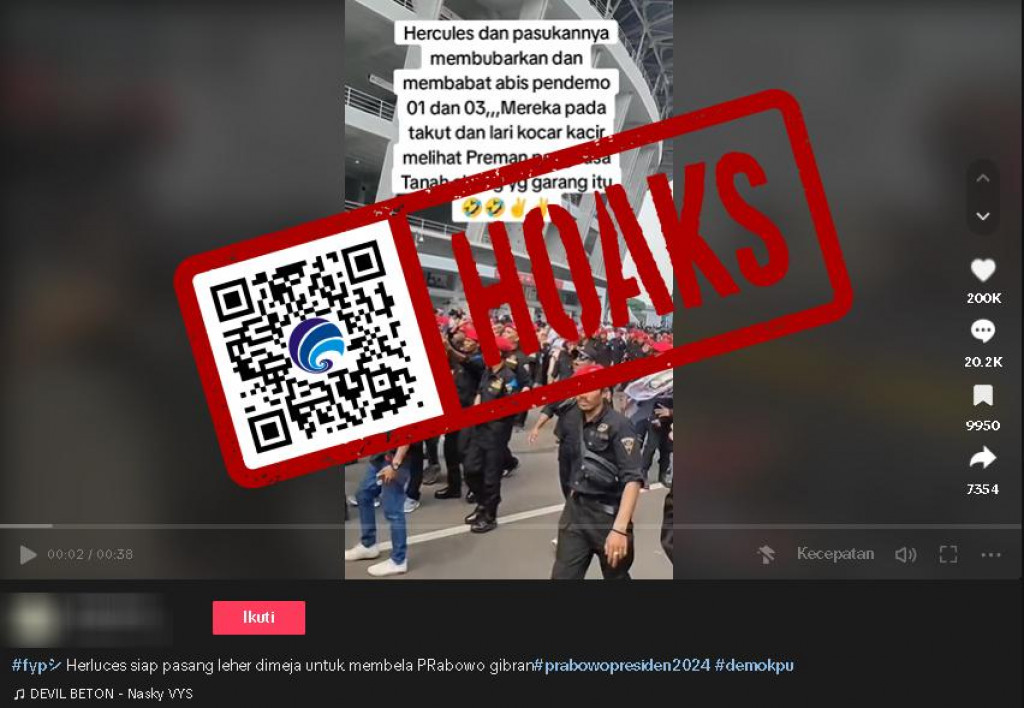 [HOAKS] Video “Hercules dan Pasukannya Membubarkan dan Membabat Habis Pendemo Pasangan Calon Nomor Urut 01 dan 03”