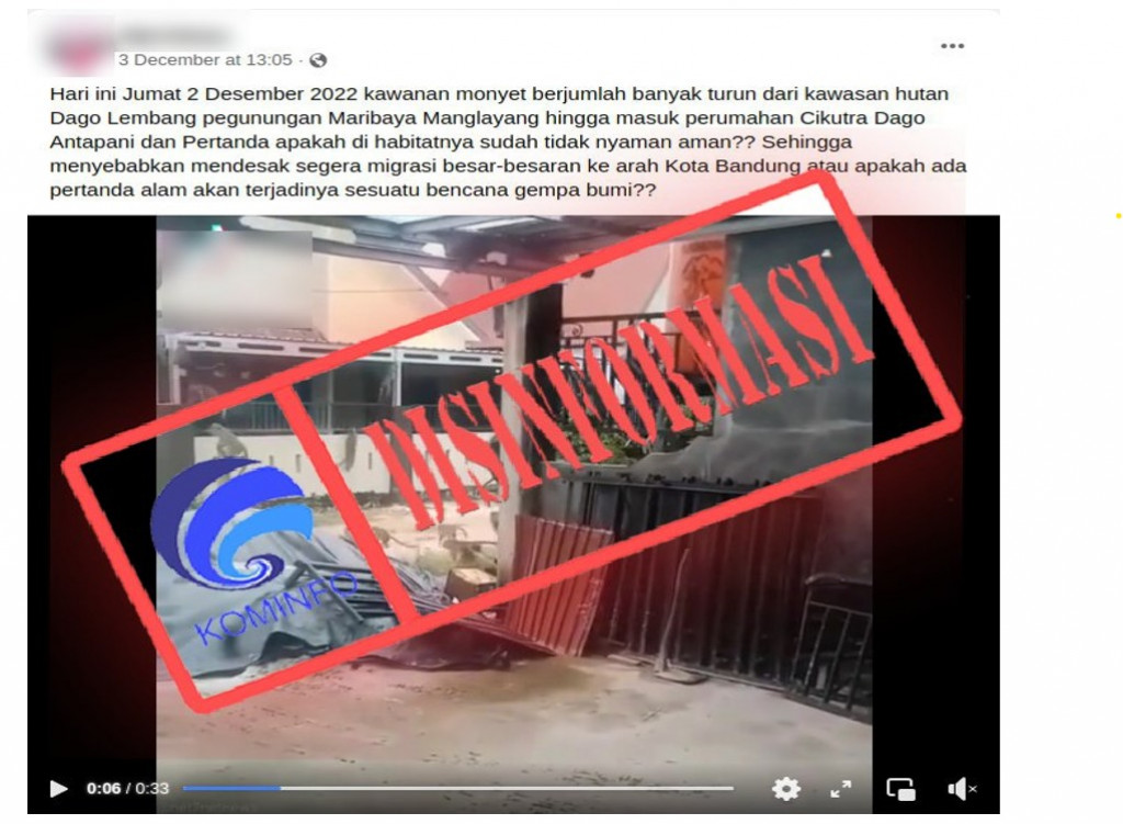 [DISINFORMASI] Video Monyet Turun ke Permukiman di Kota Bandung Dikaitkan dengan Bencana Alam