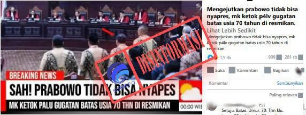 [DISINFORMASI] Video "Prabowo Tidak Bisa Nyapres, MK Ketok Palu Gugatan Batas Usia 70 Tahun Diresmikan"