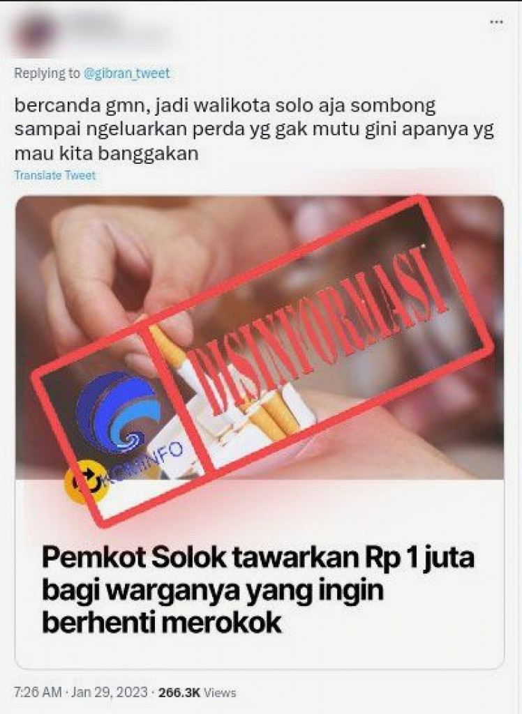 [DISINFORMASI] Wali Kota Solo Mengeluarkan Perda Tawarkan Rp1 Juta Bagi Warganya yang Ingin Berhenti Merokok