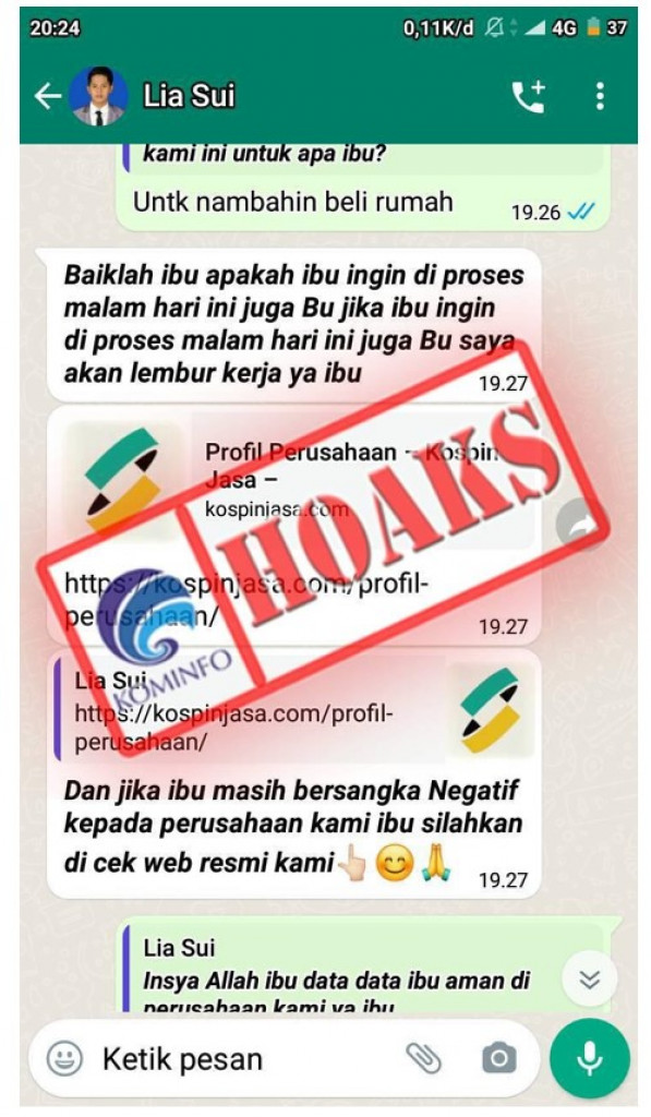 [HOAKS] Pinjaman Online Kospin JASA Melalui Pesan WhatsApp