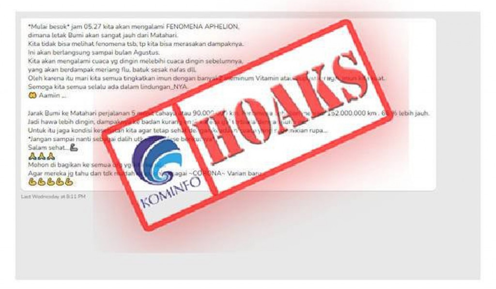 [HOAKS] Fenomena Aphelion Muncul Menimbulkan Penyakit karena Suhu Bumi Jadi Lebih Dingin