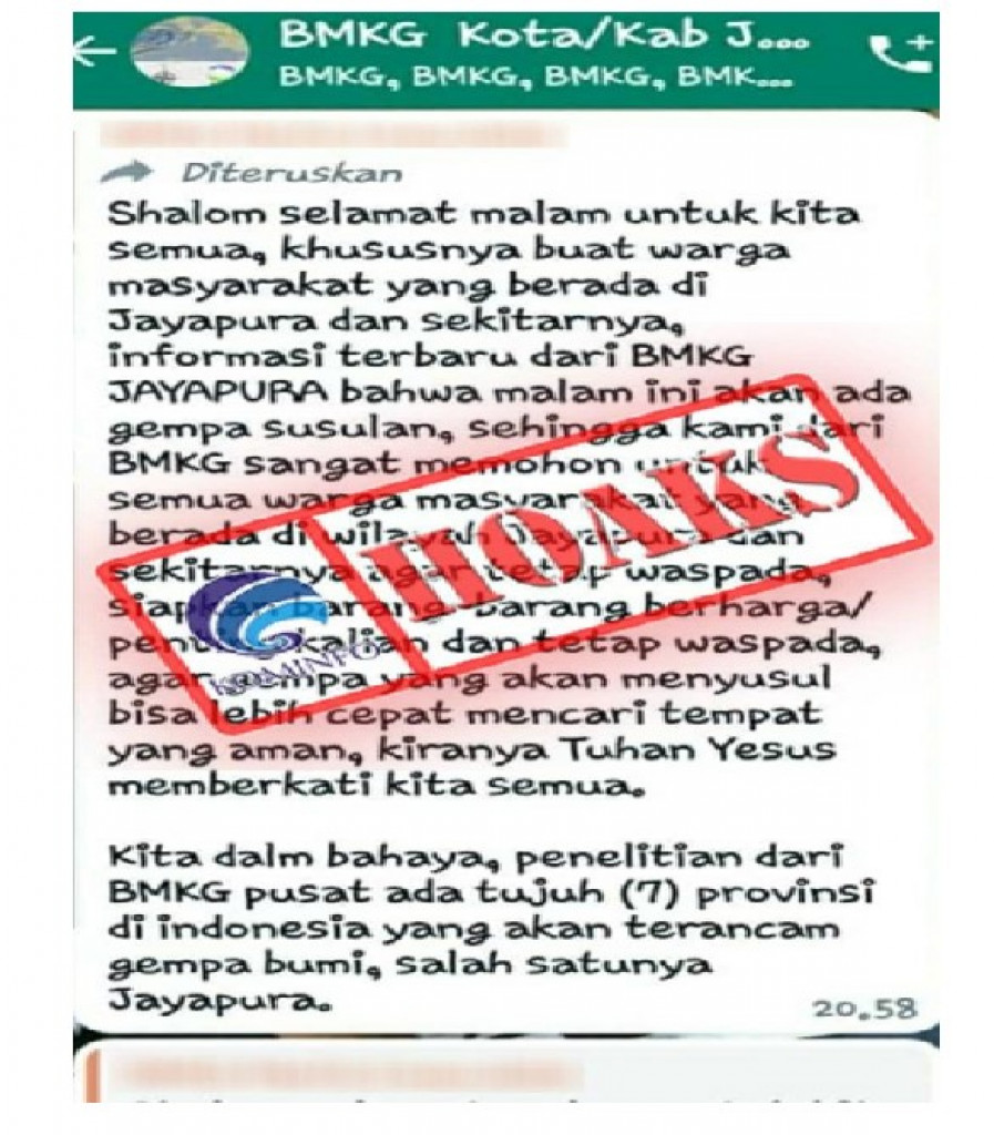 [HOAKS] BMKG Keluarkan Informasi Tujuh Provinsi Terancam Gempa Bumi