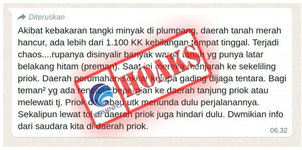 [HOAKS] Pesan Berantai Adanya Kerusuhan dan Penjarahan Pascakebakaran Depo Pertamina Plumpang