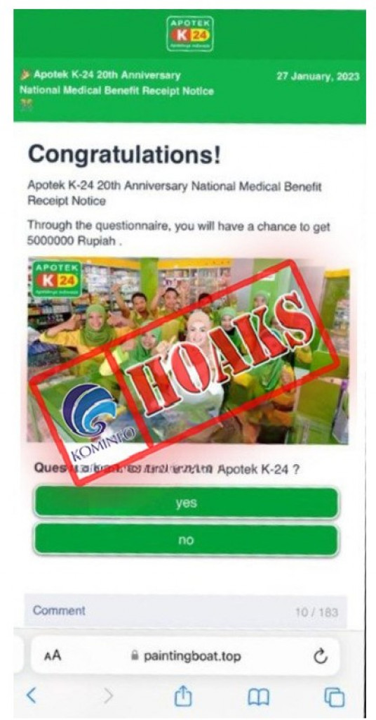 [HOAKS] Tautan Berhadiah Mengatasnamakan Apotek K-24