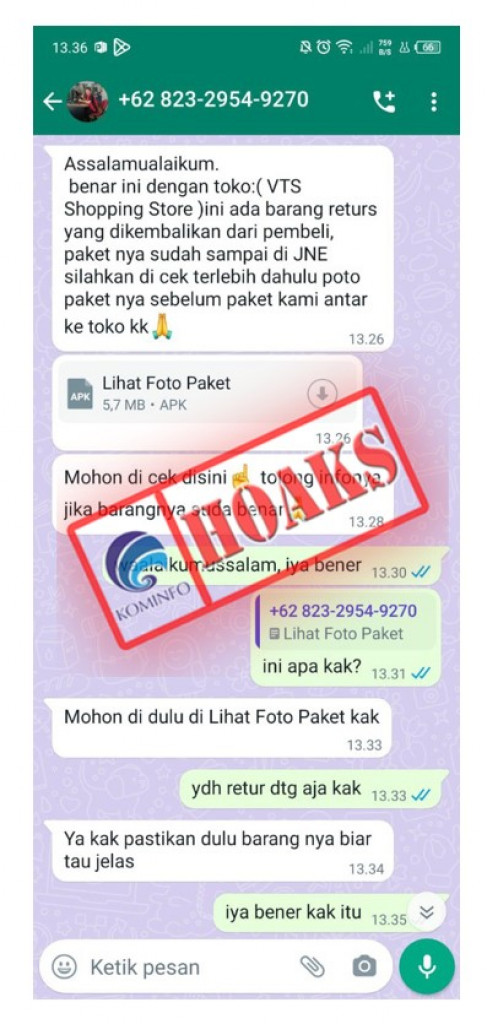 [HOAKS] Pesan WhatsApp Pengiriman Paket Retur Mengatasnamakan JNE Express