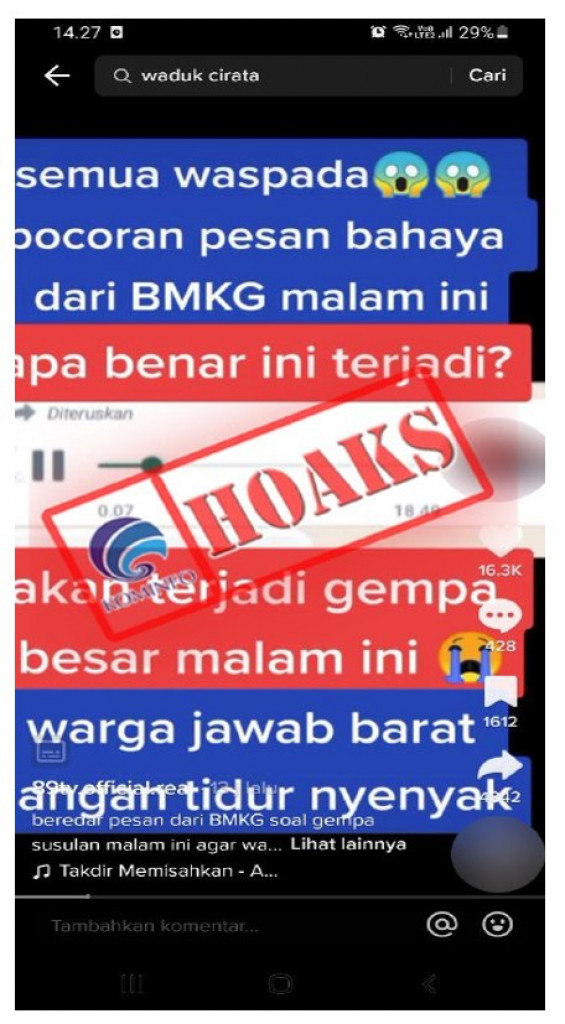 [HOAKS] Voice Note WhatsApp Terkait Pergeseran Lempeng Waduk Cirata, Purwakarta