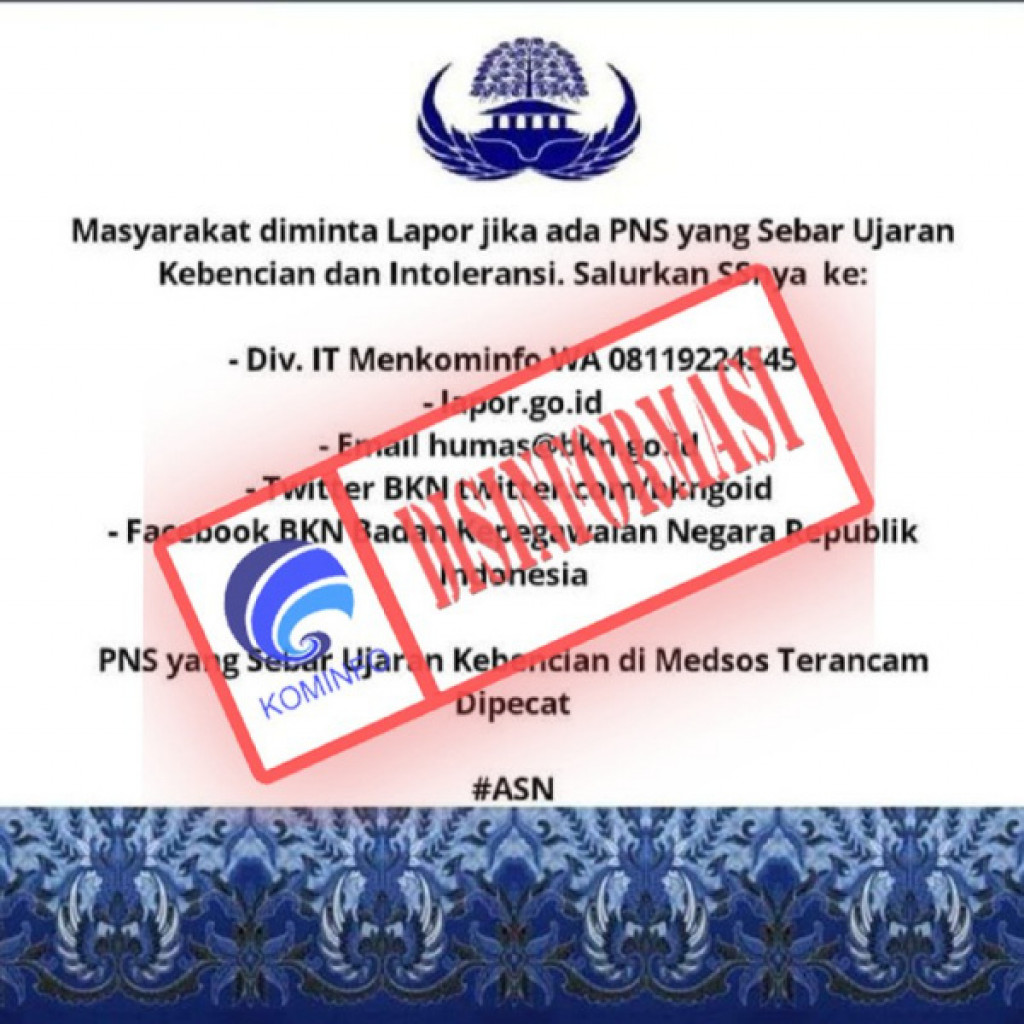 [DISINFORMASI] Infografis Teknis Pelaporan Konten Negatif Ujaran Kebencian dan Intoleransi yang Dilakukan ASN