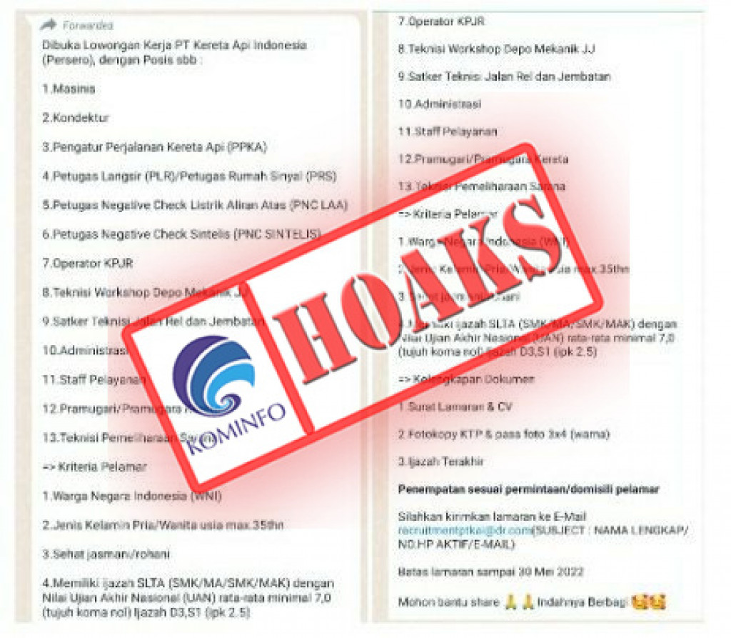 [HOAKS] Lowongan Kerja PT KAI Sampai dengan 30 Mei 2022