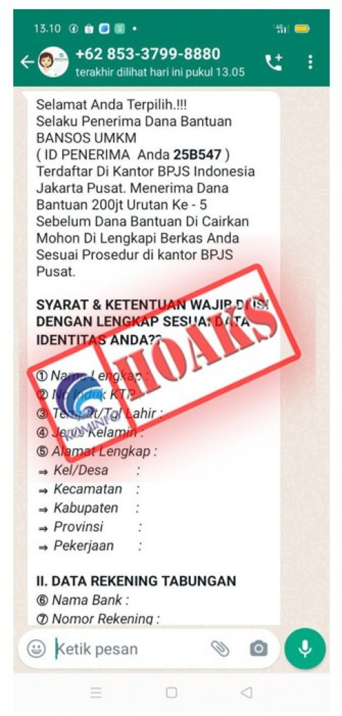 [HOAKS] Dana Bansos Rp200 Juta Mengatasnamakan BPJS Kesehatan