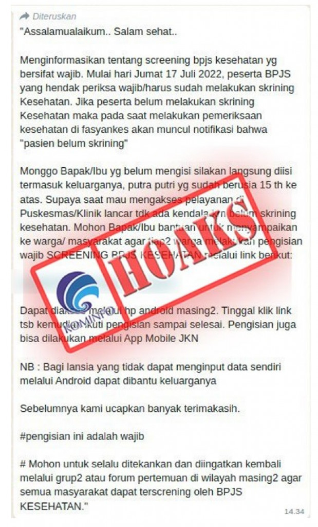 [HOAKS] Peserta BPJS Kesehatan Wajib Skrining Kesehatan sebelum Periksa ke Fasyankes
