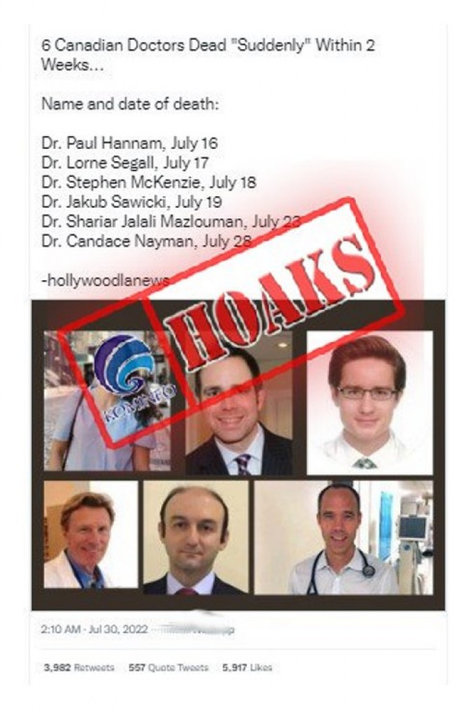 [HOAKS] Enam Dokter Kanada Meninggal Mendadak Berturut-turut dalam Waktu Dua Minggu Terkait Vaksin Covid-19 Dosis Keempat