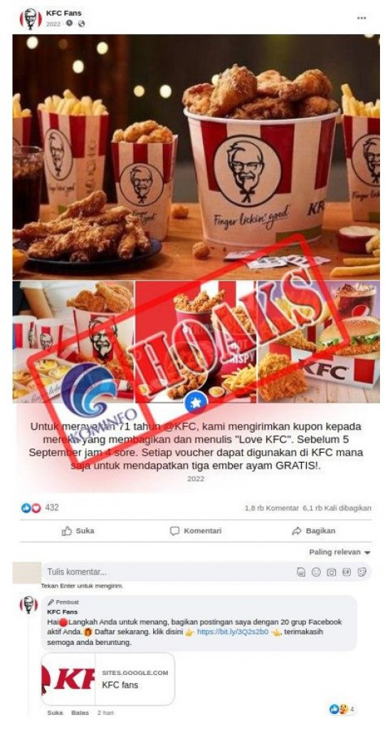 [HOAKS] Link Hadiah 3 Ember Ayam Gratis dalam Rangka 71 Tahun KFC