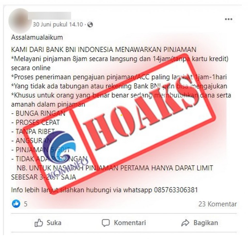 [HOAKS] Kredit Tanpa Jaminan dari BNI